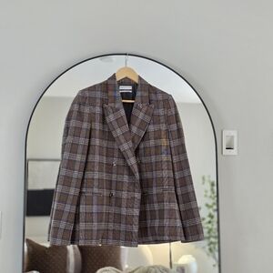 Urban Outfitters Lucca Brown Plaid Checkered Double-Breasted Blazer, Size S|P